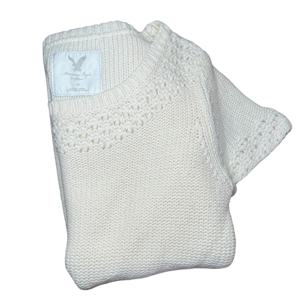 American Eagle Women Short Sleeve Knit Sweater‎ Tunic Ivory Y2K Layering Wool